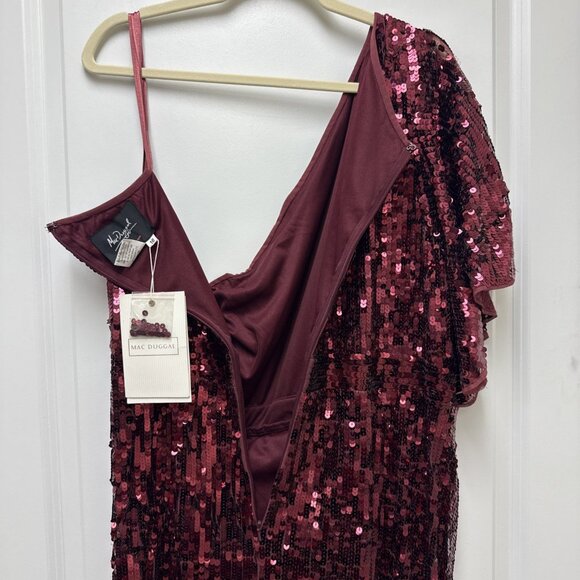 New Mac Duggal Size 16 Burgundy 93540 One-Shoulder Sequin Formal Gown Maxi Dress - Picture 9 of 12